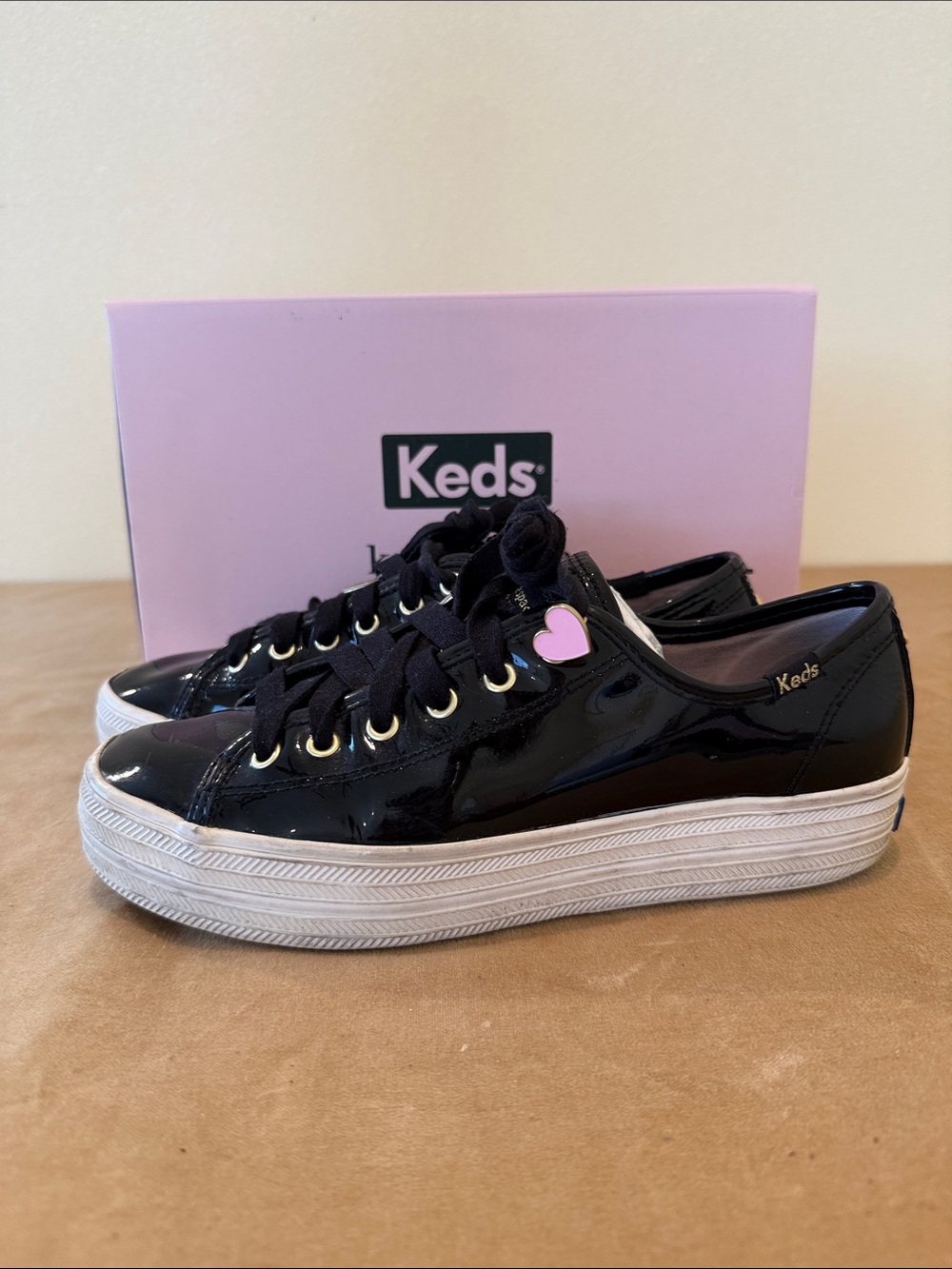 Kate Spade x Keds Black Patent Platform Sneakers with Pink Heart Accent